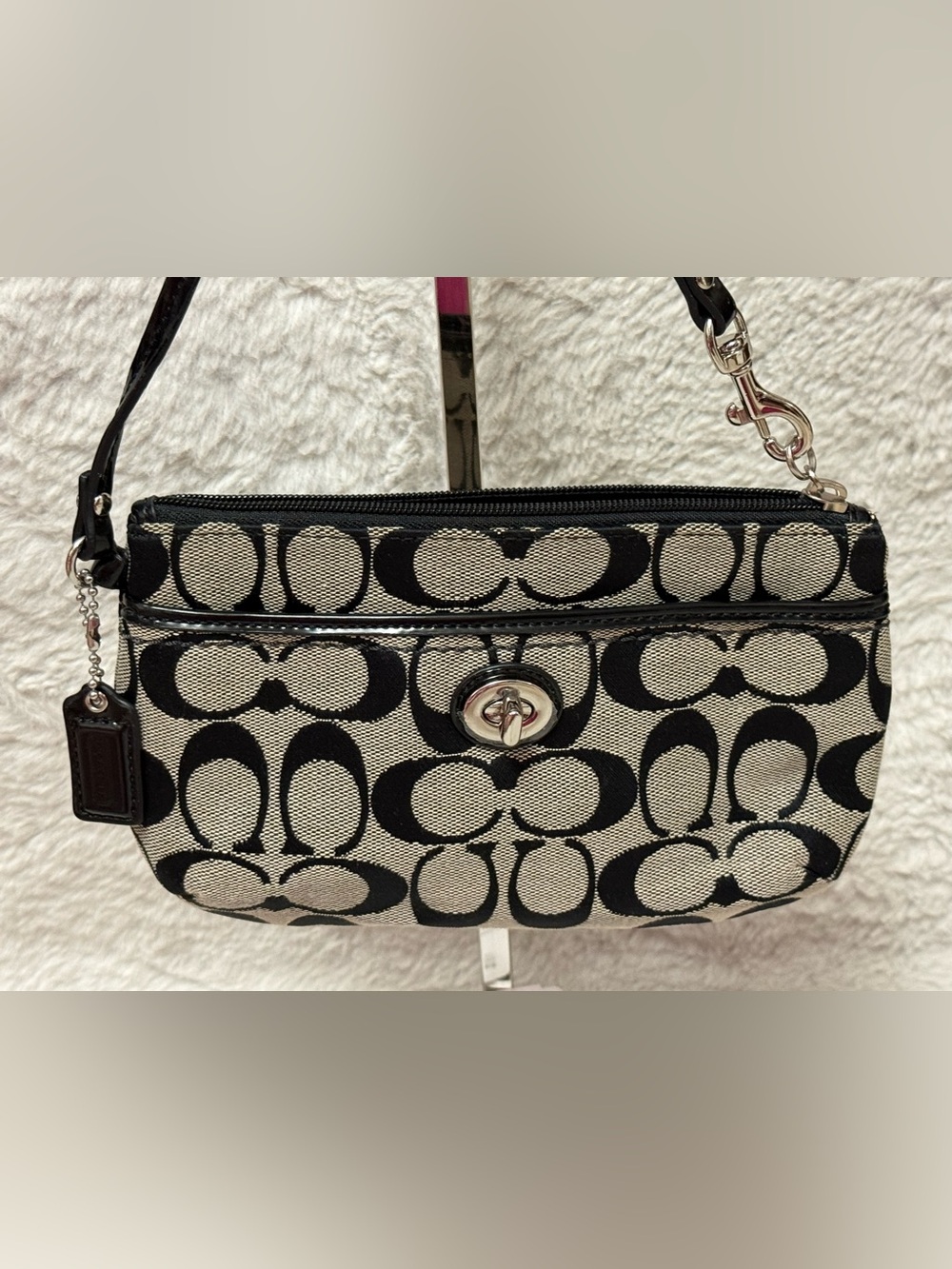 Coach Black and Gray Signature Canvas Turnlock Wristlet Bag
